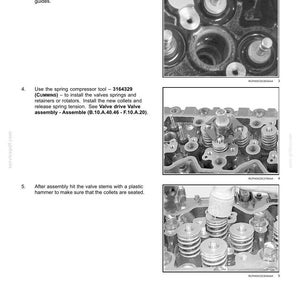 May include: A technical manual page titled POWER PRODUCTION - ENGINE featuring three black and white photographs showing the installation of valve seals, springs, and retainers on an engine cylinder head, including instructions for a 13 mm socket.