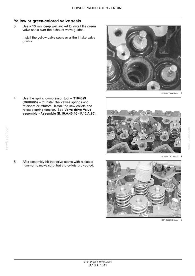 May include: A technical manual page titled POWER PRODUCTION - ENGINE featuring three black and white photographs showing the installation of valve seals, springs, and retainers on an engine cylinder head, including instructions for a 13 mm socket.