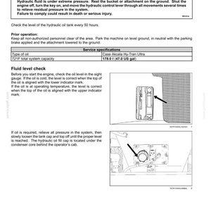 May include: A page from a maintenance manual with the title "Hydraulic oil level." The page includes a warning about pressurized hydraulic fluid, service specifications, and instructions for checking and adding oil. Diagrams show the sight gauge and fill cap.
