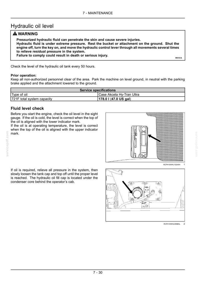 May include: A page from a maintenance manual with the title "Hydraulic oil level." The page includes a warning about pressurized hydraulic fluid, service specifications, and instructions for checking and adding oil. Diagrams show the sight gauge and fill cap.