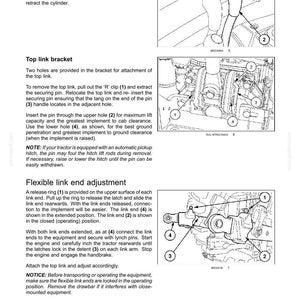 Puede incluir: Una p&aacute;gina de manual t&eacute;cnico titulada 6-WORKING OPERATIONS que presenta tres dibujos lineales en blanco y negro de componentes de tractor. Los diagramas ilustran el cilindro del tercer punto, el soporte y el ajuste del extremo flexible con etiquetas numeradas.