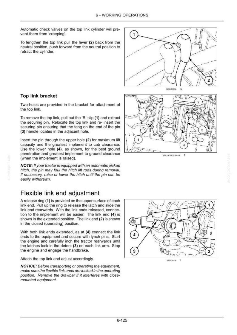 Puede incluir: Una p&aacute;gina de manual t&eacute;cnico titulada 6-WORKING OPERATIONS que presenta tres dibujos lineales en blanco y negro de componentes de tractor. Los diagramas ilustran el cilindro del tercer punto, el soporte y el ajuste del extremo flexible con etiquetas numeradas.