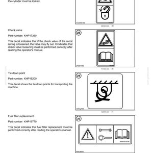 May include: A manual page detailing safety information with diagrams. It features instructions on engine hood locking, check valve procedures, tie-down points, and fuel filter replacement. The diagrams are in black and white.