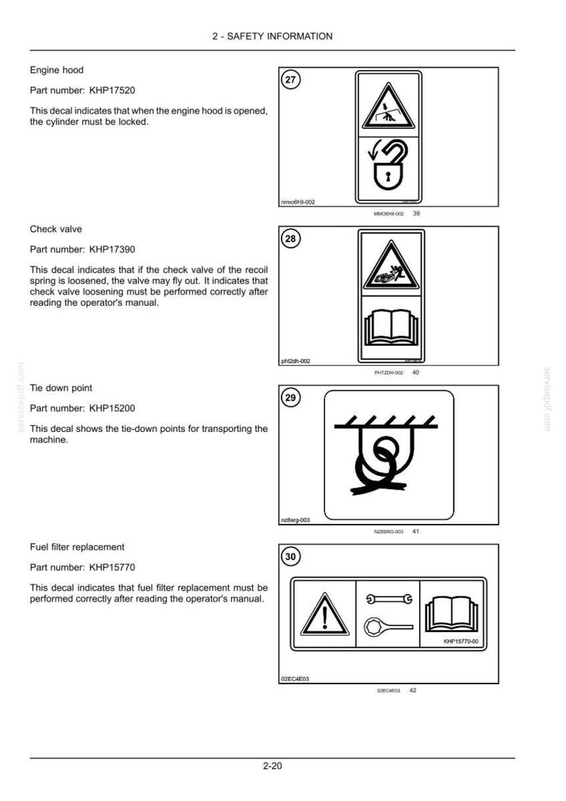 May include: A manual page detailing safety information with diagrams. It features instructions on engine hood locking, check valve procedures, tie-down points, and fuel filter replacement. The diagrams are in black and white.