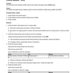 May include: A diagnostic document for electrical systems, detailing fault codes. The text includes troubleshooting steps for a header reel speed sensor, including voltage checks and wiring inspections. The document is dated 04/14/2014.