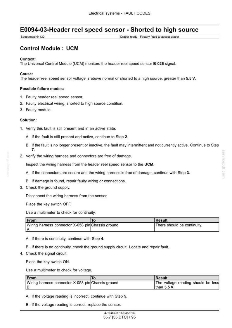 May include: A diagnostic document for electrical systems, detailing fault codes. The text includes troubleshooting steps for a header reel speed sensor, including voltage checks and wiring inspections. The document is dated 04/14/2014.