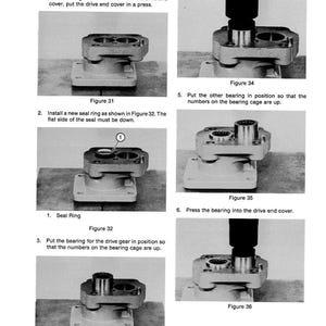 May include: A grayscale instructional diagram titled "Assembly" with six steps. The steps show the assembly of mechanical components, including bearings and a seal ring, with accompanying figures and text instructions.