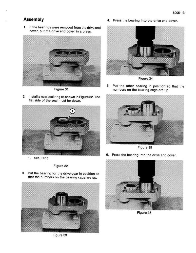 May include: A grayscale instructional diagram titled "Assembly" with six steps. The steps show the assembly of mechanical components, including bearings and a seal ring, with accompanying figures and text instructions.