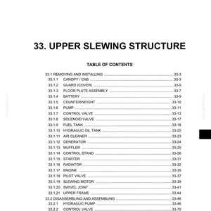 May include: A detailed table of contents for the "33. Upper Slewing Structure" section, listing components like the canopy, guard, battery, and hydraulic oil tank. The text is in black on a white background.