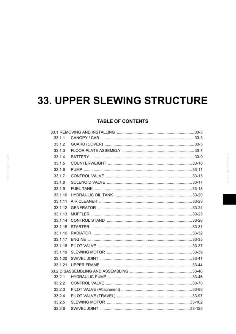 May include: A detailed table of contents for the "33. Upper Slewing Structure" section, listing components like the canopy, guard, battery, and hydraulic oil tank. The text is in black on a white background.