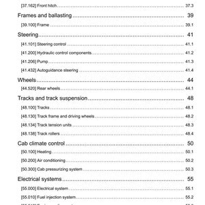 May include: A detailed page from a manual, listing various components of a machine. Sections include hitches, steering, wheels, tracks, cab climate control, and electrical systems. The document is dated 22/02/2018.