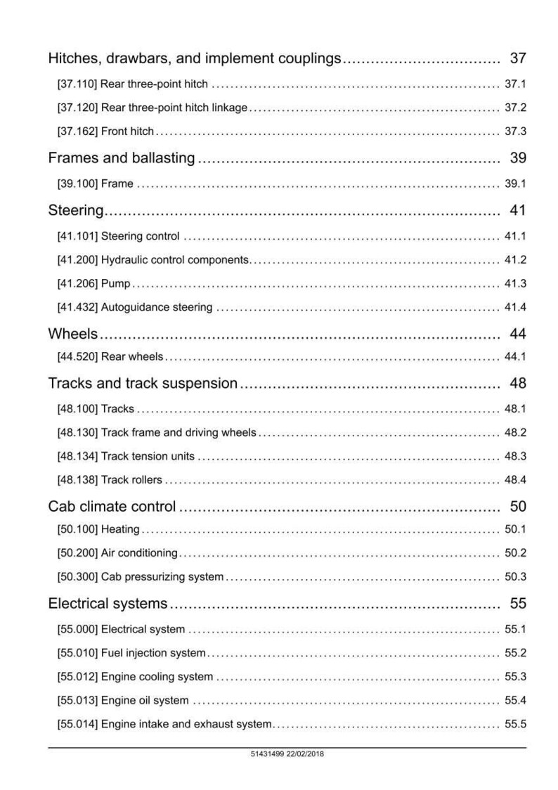 May include: A detailed page from a manual, listing various components of a machine. Sections include hitches, steering, wheels, tracks, cab climate control, and electrical systems. The document is dated 22/02/2018.