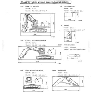 K&ouml;nnte beinhalten: Ein technisches Dokument mit dem Titel Transportation Weight Table for a loading shovel, das schwarz-wei&szlig;e Strichzeichnungen von Schwermaschinenkomponenten zeigt, einschlie&szlig;lich der kompletten Maschine, Gegengewicht, Schaufel, Zylinder und Ausleger.