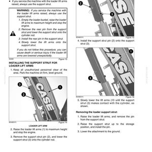 May include: A page from a manual with safety instructions for a machine. The text includes warnings and procedures for the loader lift arms and support strut. Diagrams show the steps for installing and removing the support strut.