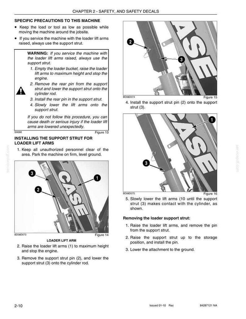 May include: A page from a manual with safety instructions for a machine. The text includes warnings and procedures for the loader lift arms and support strut. Diagrams show the steps for installing and removing the support strut.