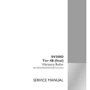 May include: A white service manual with the text "SV208D Tier 4B (final) Vibratory Roller" and "SERVICE MANUAL". The manual also includes the part number 48150518 and the Case Construction logo. The background is white and gray.