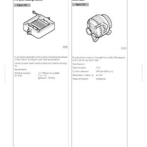 May include: Diagram of a pre-post heating resistor and an alternator. The resistor is a rectangular component with fins, and the alternator is a circular device with a belt drive. Text includes specifications for both.
