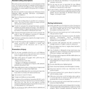May include: A page from a manual titled "Safety Prescriptions" with text in English. The document outlines safety guidelines for engine maintenance, including warnings about fire, injury prevention, and proper procedures.