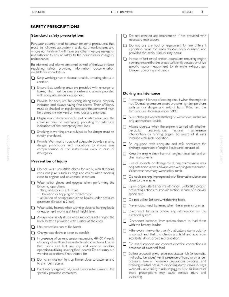 May include: A page from a manual titled "Safety Prescriptions" with text in English. The document outlines safety guidelines for engine maintenance, including warnings about fire, injury prevention, and proper procedures.