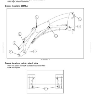 May include: A technical maintenance diagram for a 260TLA front loader and bucket. The document includes instructions for lubricating sixteen grease fittings and two quick attach plate points, with numbered callouts identifying locations.