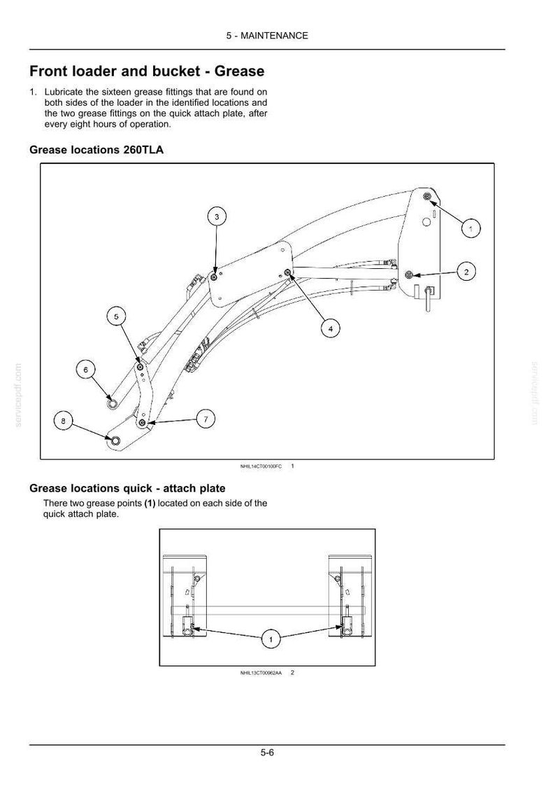 May include: A technical maintenance diagram for a 260TLA front loader and bucket. The document includes instructions for lubricating sixteen grease fittings and two quick attach plate points, with numbered callouts identifying locations.