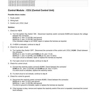 May include: A diagnostic document detailing fault codes for electrical systems, specifically a '2419-Reactivity switch disagreement'. The document includes troubleshooting steps for a control module (CCU), with wiring diagrams and connector pinouts for repair.