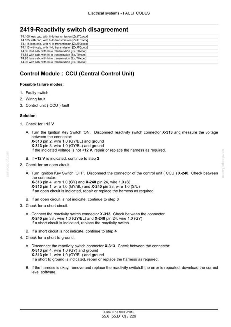 May include: A diagnostic document detailing fault codes for electrical systems, specifically a '2419-Reactivity switch disagreement'. The document includes troubleshooting steps for a control module (CCU), with wiring diagrams and connector pinouts for repair.