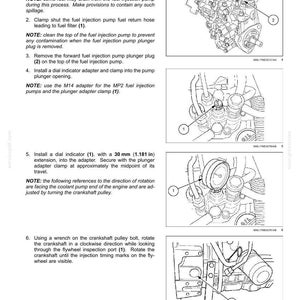 May include: Diagram of an engine fuel injection system with instructions for checking fuel injection timing. Includes illustrations of components, such as the fuel injection pump and dial indicator, with measurements in inches.