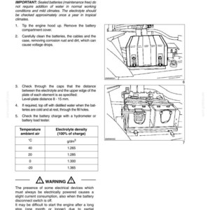 K&ouml;nnte beinhalten: Diagramm aus einem Handbuch, das die Wartungsverfahren f&uuml;r Batterien detailliert. Enth&auml;lt Abbildungen von Batteriekomponenten und eine Tabelle mit der Elektrolytdichte bei verschiedenen Temperaturen. Der Text enth&auml;lt Anweisungen und Sicherheitshinweise.
