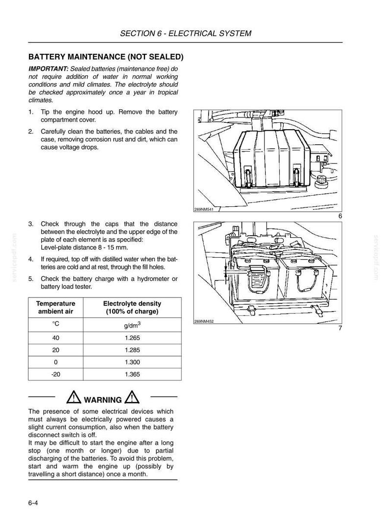 K&ouml;nnte beinhalten: Diagramm aus einem Handbuch, das die Wartungsverfahren f&uuml;r Batterien detailliert. Enth&auml;lt Abbildungen von Batteriekomponenten und eine Tabelle mit der Elektrolytdichte bei verschiedenen Temperaturen. Der Text enth&auml;lt Anweisungen und Sicherheitshinweise.