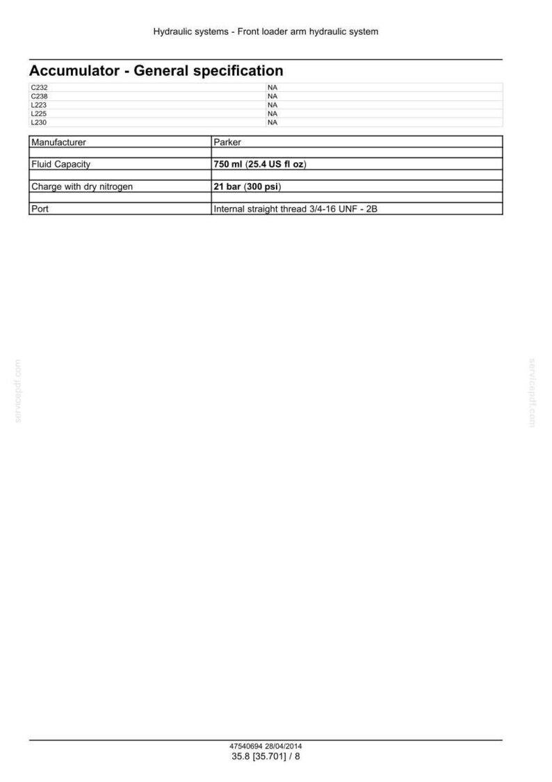 May include: A technical document detailing specifications for a hydraulic accumulator. Key data includes the manufacturer, Parker, fluid capacity of 750 ml (25.4 US fl oz), and a charge with dry nitrogen at 21 bar (300 psi). The port is an internal straight thread.