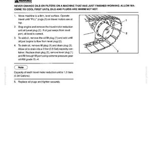 May include: A technical manual page titled 4. MAINTENANCE 4.12.3 CHANGE OIL IN TRAVEL MOTOR REDUCTION UNITS. It includes a warning box, numbered instructions for oil changes, and a line drawing of a tracked vehicle motor labeled with parts 1, 2, and 3.
