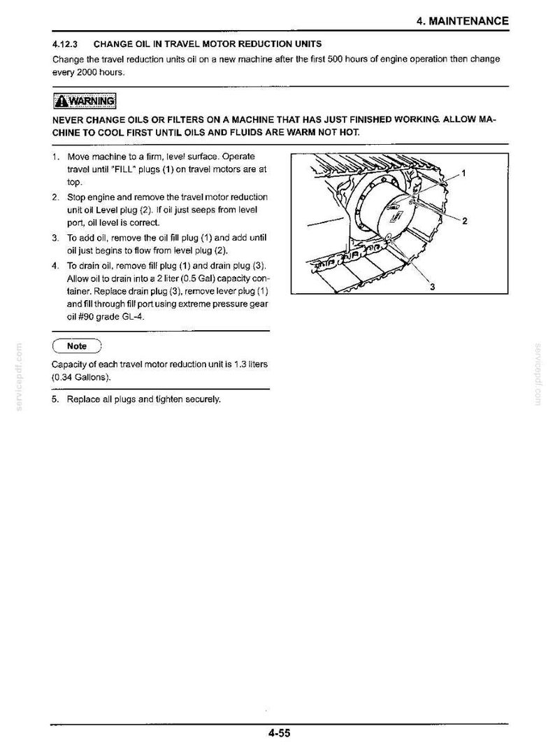 May include: A technical manual page titled 4. MAINTENANCE 4.12.3 CHANGE OIL IN TRAVEL MOTOR REDUCTION UNITS. It includes a warning box, numbered instructions for oil changes, and a line drawing of a tracked vehicle motor labeled with parts 1, 2, and 3.