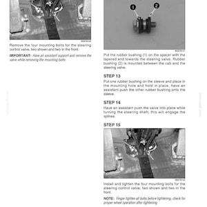 May include: Diagram of automotive steering control valve installation steps. Includes images of bolts, bushings, and a steering shaft. Text instructions detail the process, including removing bolts, installing bushings, and tightening components.
