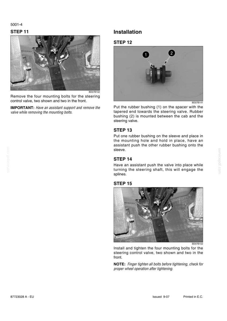 May include: Diagram of automotive steering control valve installation steps. Includes images of bolts, bushings, and a steering shaft. Text instructions detail the process, including removing bolts, installing bushings, and tightening components.
