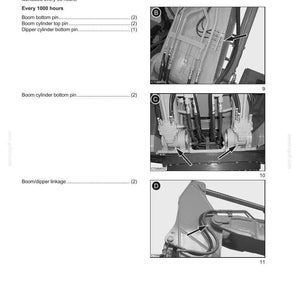 Puede incluir: Diagrama de un manual de servicio que muestra los puntos de lubricaci&oacute;n para maquinaria pesada. La imagen incluye vistas de cerca de varios componentes con flechas que indican los puntos de lubricaci&oacute;n. El texto incluye "SECTION 7 - LUBRICATION/FILTERS/FLUIDS".