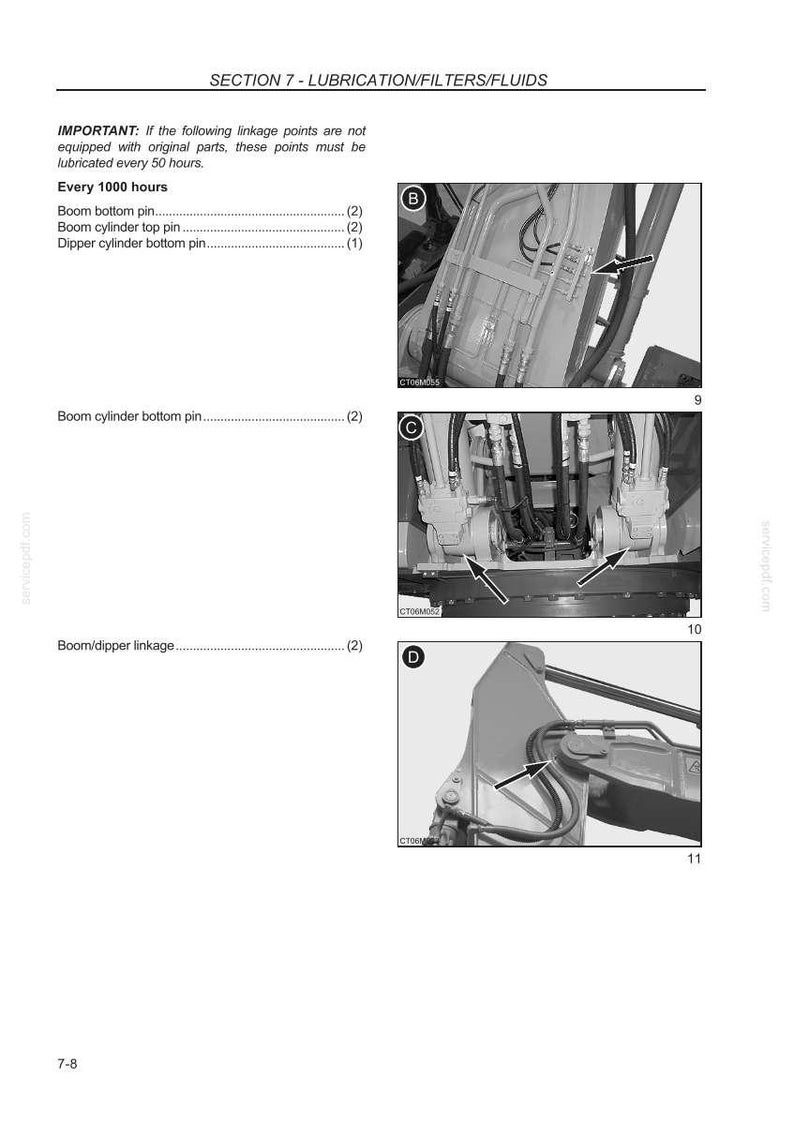 Puede incluir: Diagrama de un manual de servicio que muestra los puntos de lubricaci&oacute;n para maquinaria pesada. La imagen incluye vistas de cerca de varios componentes con flechas que indican los puntos de lubricaci&oacute;n. El texto incluye "SECTION 7 - LUBRICATION/FILTERS/FLUIDS".