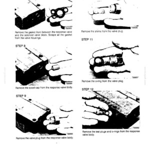 May include: A black and white diagram with step-by-step instructions for removing and replacing parts from a valve body. The steps include removing gaskets, shims, and o-rings. Text is included.