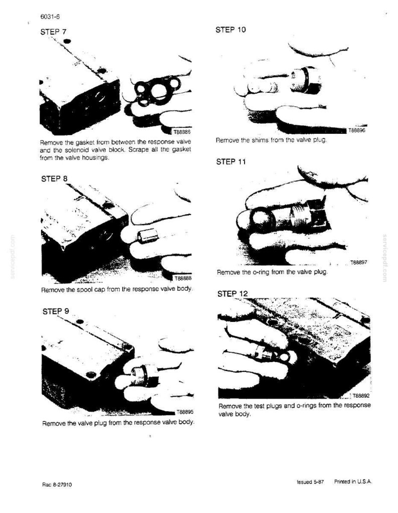 May include: A black and white diagram with step-by-step instructions for removing and replacing parts from a valve body. The steps include removing gaskets, shims, and o-rings. Text is included.
