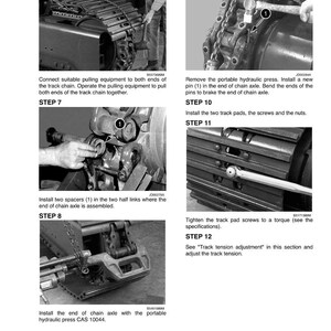 May include: A grayscale diagram with instructions for assembling a track chain. The steps include connecting pulling equipment, installing spacers, and tightening screws. Text includes "STEP 6", "STEP 7", "STEP 8", "STEP 9", "STEP 10", "STEP 11", and "STEP 12".