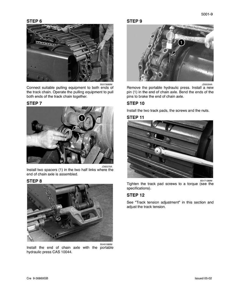 May include: A grayscale diagram with instructions for assembling a track chain. The steps include connecting pulling equipment, installing spacers, and tightening screws. Text includes "STEP 6", "STEP 7", "STEP 8", "STEP 9", "STEP 10", "STEP 11", and "STEP 12".