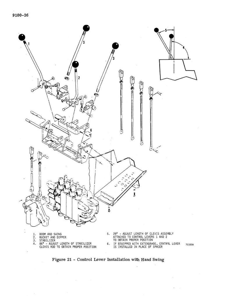 May include: An exploded diagram of a control lever installation with hand swing, featuring various mechanical components. The image includes levers, rods, and a hydraulic control unit, with labels indicating their functions. Text at the bottom reads "Figure 21 - Control Lever Installation with Hand Swing."