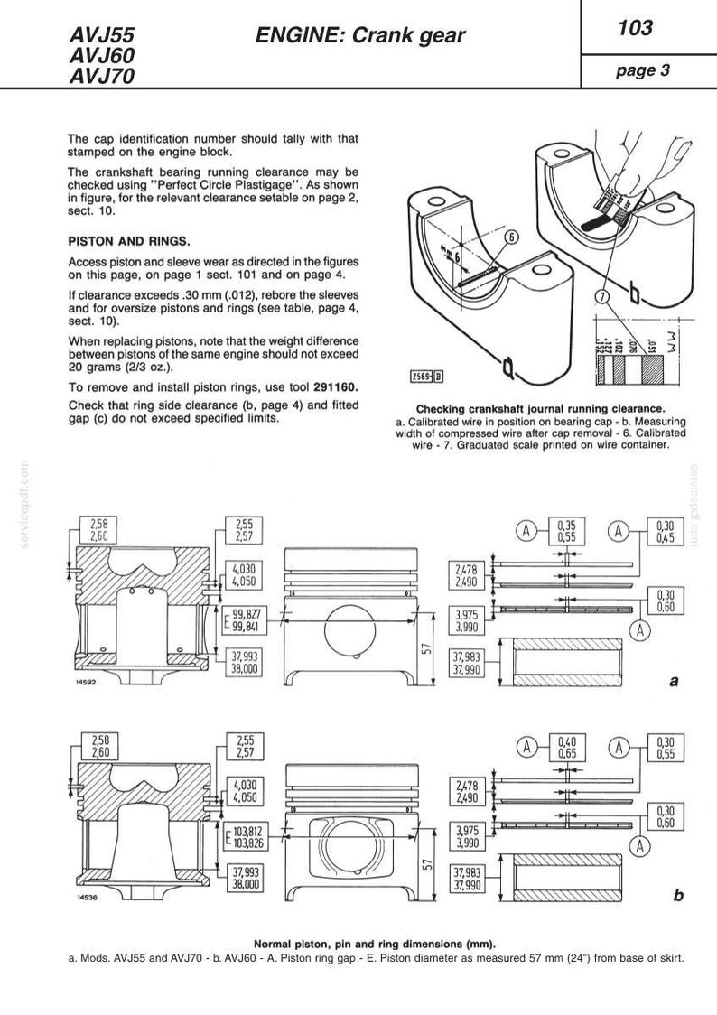 May include: Diagram of engine components, including pistons, rings, and crankshaft bearing. Measurements are in millimeters and inches. Text includes instructions for checking clearances and replacing parts. Page 3 of a technical manual.