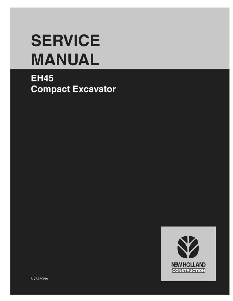 May include: A service manual for the EH45 Compact Excavator. The cover features the words "SERVICE MANUAL" in large, bold, black text against a light gray background. The title "EH45 Compact Excavator" is in white text on a black background. The New Holland Construction logo is in the lower right corner.