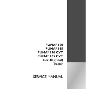 May include: A white service manual for Case IH PUMA tractors. The manual includes models PUMA 150, 165, 150 CVT, and 165 CVT. The cover features the text "SERVICE MANUAL" and "Tractor". The part number is 47936459.