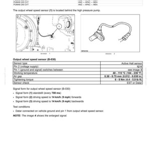 May include: Diagram of an output speed sensor for a continuously variable transmission (CVT). Includes a sensor, wiring, and technical specifications. The air gap is 0.012 - 0.030 inches, and the tightening torque is 4.4 - 5.9 lb ft.