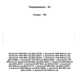 Op de afbeelding: Een wit document met het Case IH Agriculture logo bovenaan. De tekst bevat "Transmission - 21" en "Creeper - 160". Daaronder staat een lijst met Quantum-modellen met en zonder cabine.