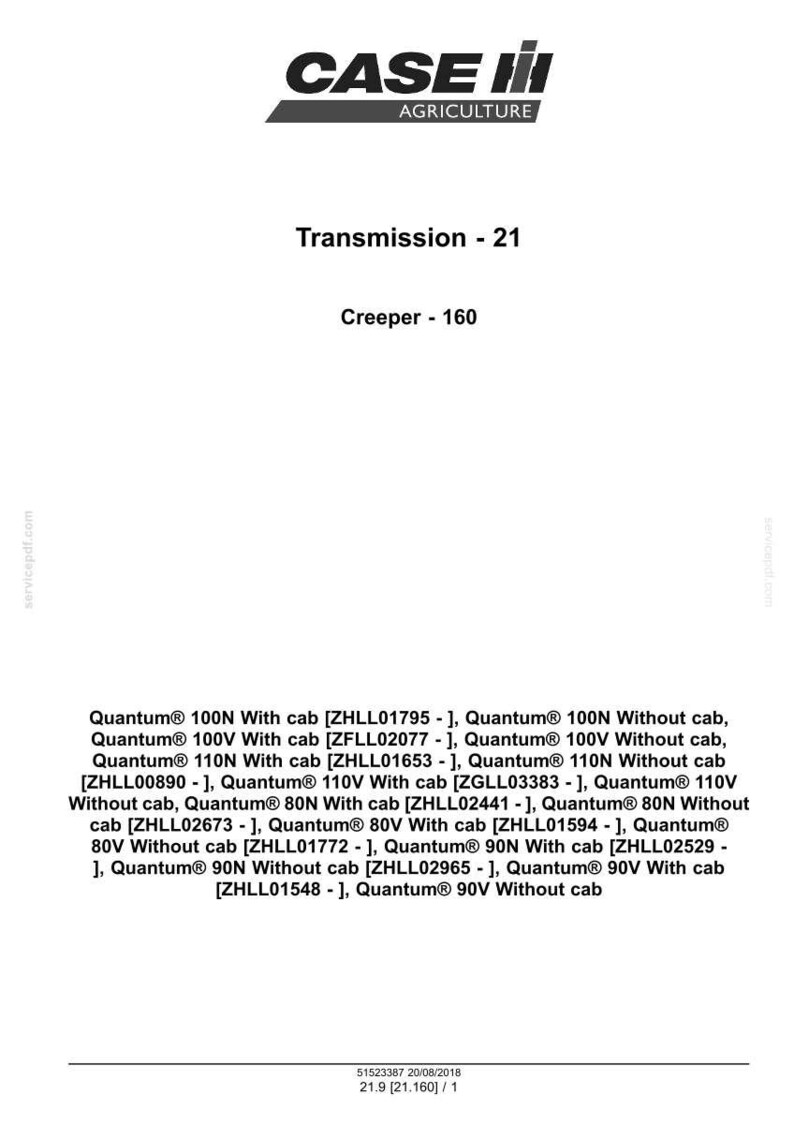 Op de afbeelding: Een wit document met het Case IH Agriculture logo bovenaan. De tekst bevat "Transmission - 21" en "Creeper - 160". Daaronder staat een lijst met Quantum-modellen met en zonder cabine.