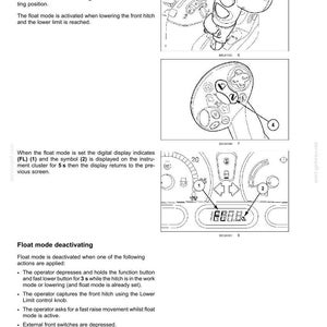 Puede incluir: Una p&aacute;gina de manual t&eacute;cnico titulada 6-WORKING OPERATIONS que detalla la activaci&oacute;n y desactivaci&oacute;n del modo flotante para un tractor. Incluye dibujos lineales en blanco y negro de un joystick de control y un panel de instrumentos.