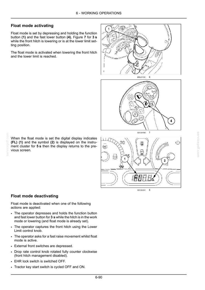 Puede incluir: Una p&aacute;gina de manual t&eacute;cnico titulada 6-WORKING OPERATIONS que detalla la activaci&oacute;n y desactivaci&oacute;n del modo flotante para un tractor. Incluye dibujos lineales en blanco y negro de un joystick de control y un panel de instrumentos.